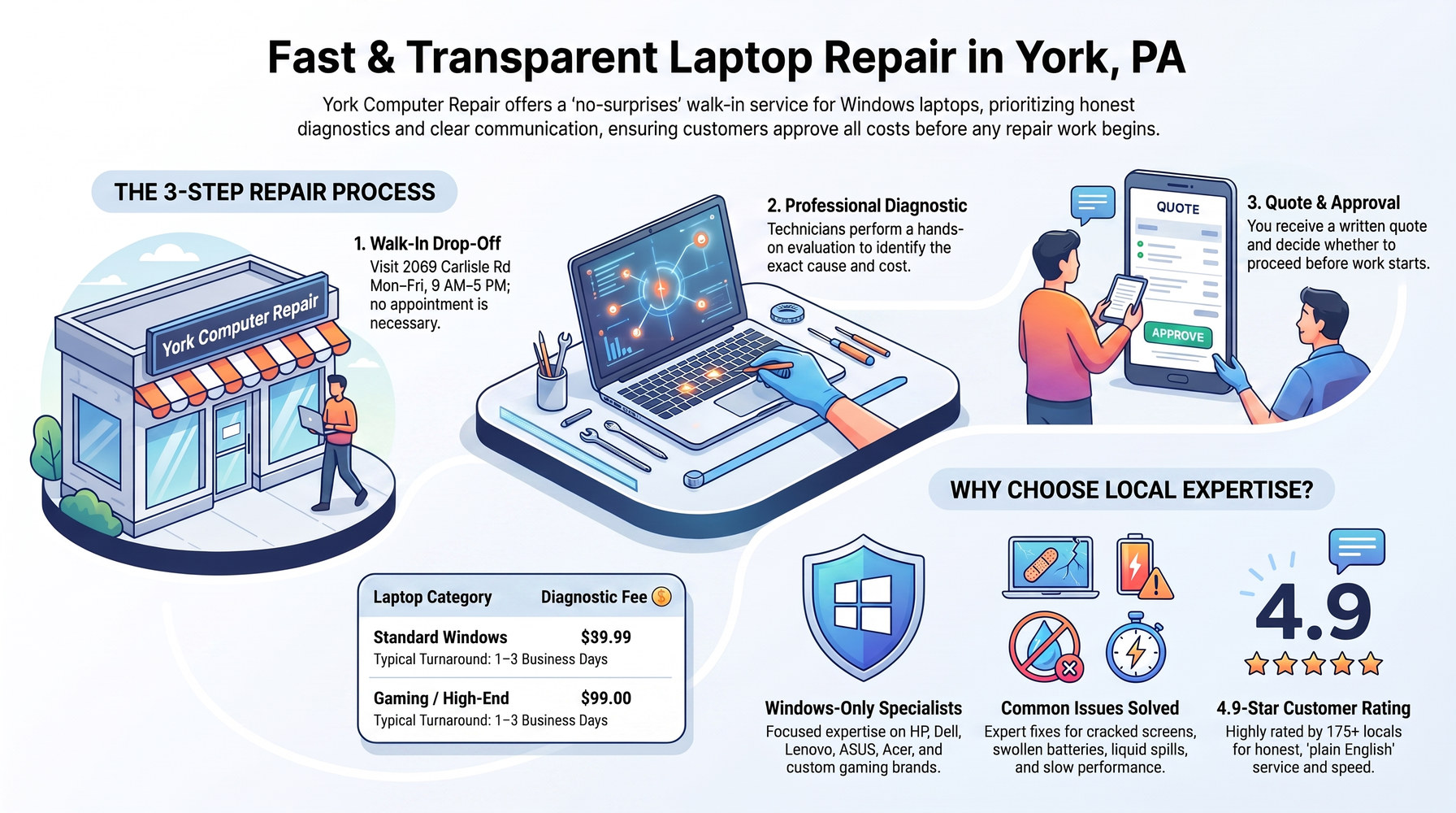 York Computer Repair's 3-step laptop repair process in York, PA: walk-in drop-off at 2069 Carlisle Rd Mon-Fri 9 AM to 5 PM with no appointment, a hands-on professional diagnostic, then a written quote you approve before any work starts. Diagnostic fees are $39.99 for standard Windows laptops and $99 for gaming laptops, with a typical 1-3 business day turnaround.