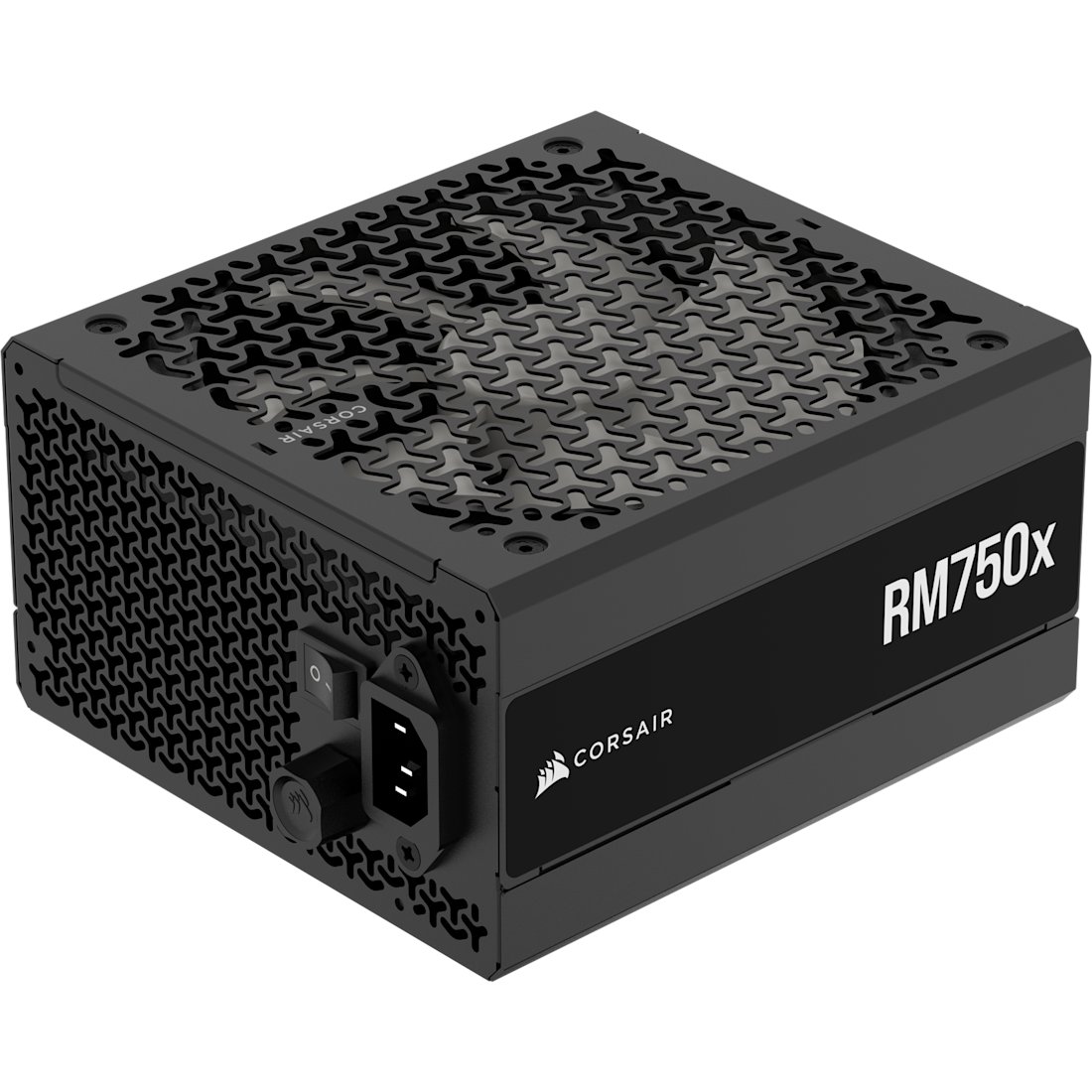 Corsair RM750x fully modular ATX power supply in black, with modular cable sockets visible