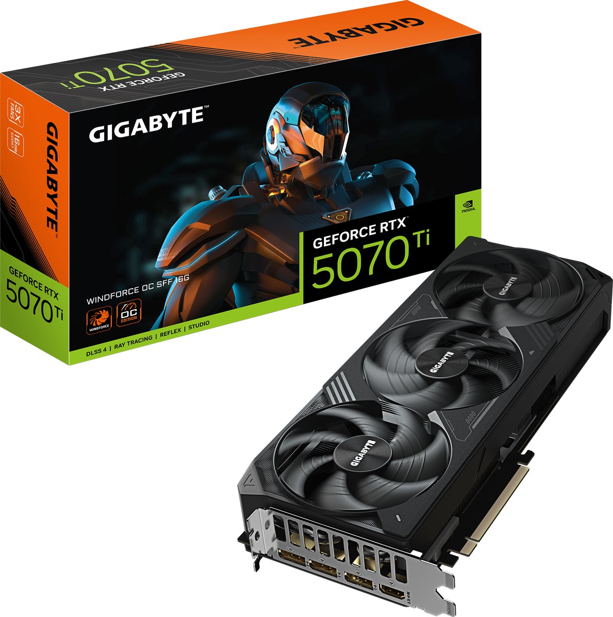 GIGABYTE GeForce RTX 5070 Ti WINDFORCE OC graphics card with triple-fan cooler