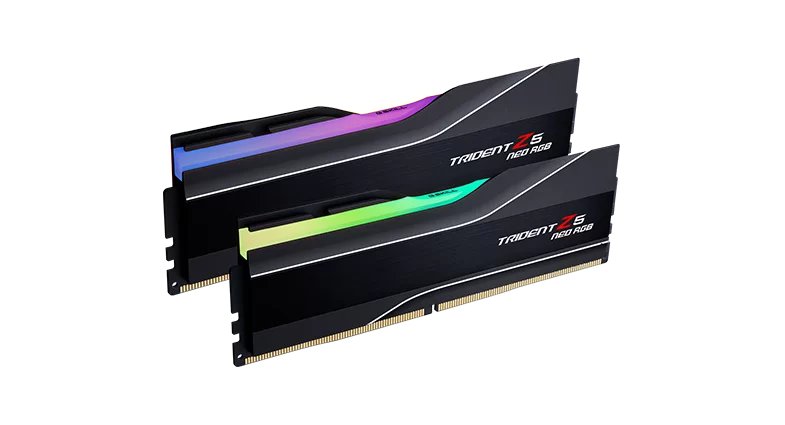G.SKILL Trident Z5 Neo RGB DDR5 memory kit, two matte black DIMMs with RGB light bars