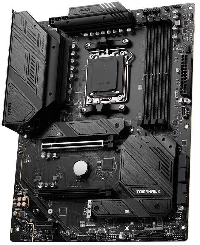 MSI MAG B650 Tomahawk WiFi ATX motherboard for AMD AM5, with heatsinks and M.2 shields