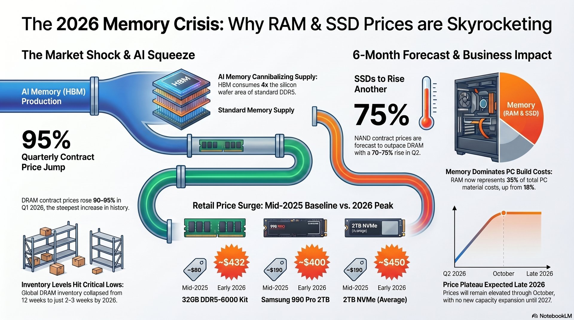 The 2026 Memory Crisis infographic — DDR5 and SSD price surge driven by AI memory (HBM) production cannibalizing standard memory supply, retail price increases shown for 32GB DDR5 kits and 2TB NVMe drives, with a 6-month forecast showing prices plateauing in late 2026